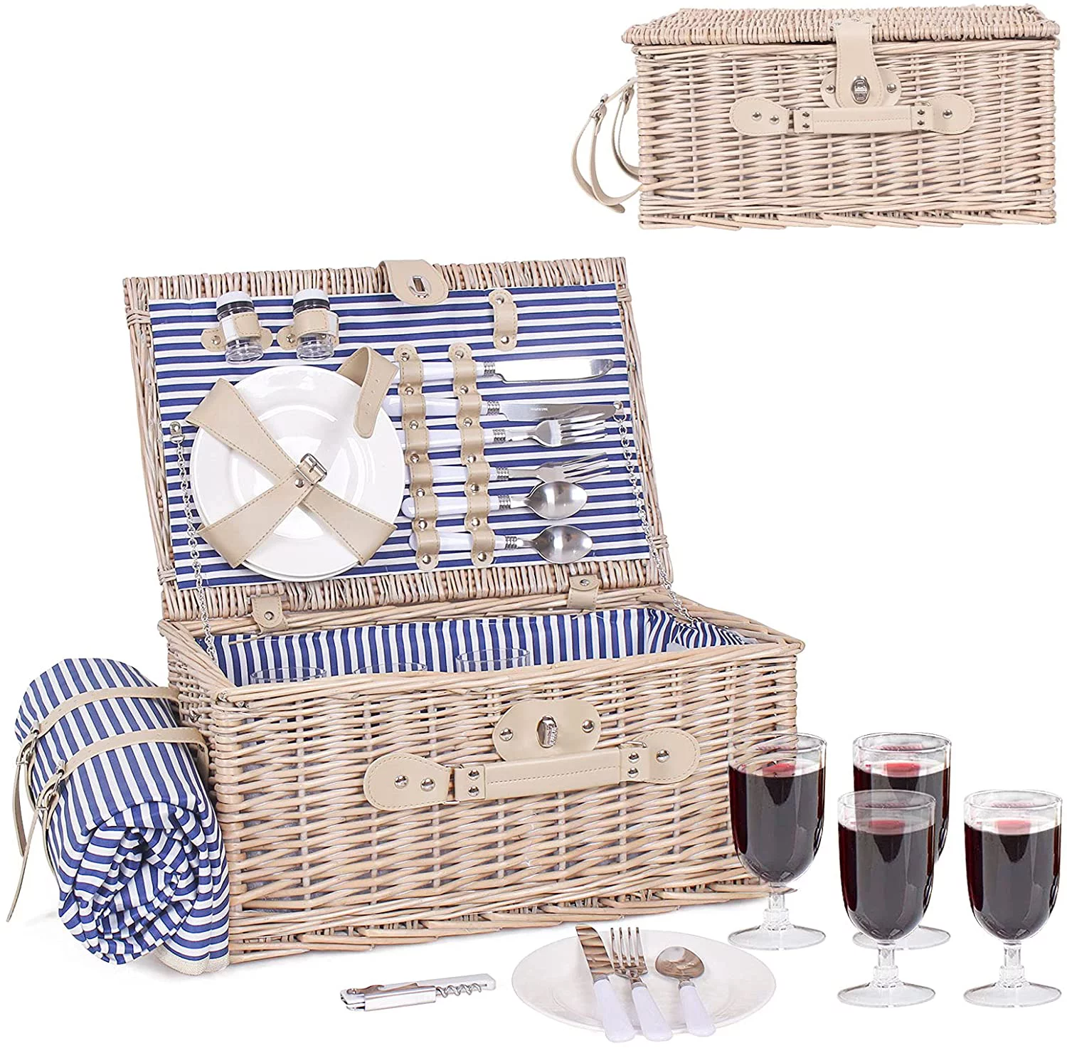 Picnic Basket for 4 Persons, Wicker Picnic Hamper Set with Waterproof Picnic Blanket