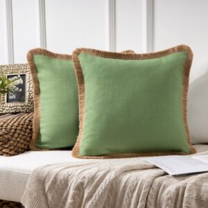 Phantoscope Linen Tassel Trimmed Farmhouse Series Decorative Throw Pillow, 18" x 18", Green, 2 Pack