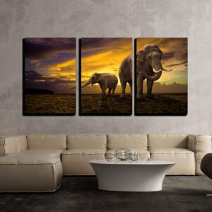 Wall26 - 3 Piece Canvas Wall Art - Elephants Family on Sunset