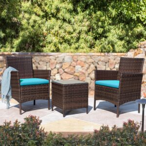 Devoko 3 Pieces Patio Conversation Set Outdoor Furniture Set Patio Bistro Set PE Rattan Wicker Chairs with Table, Brown/ Blue